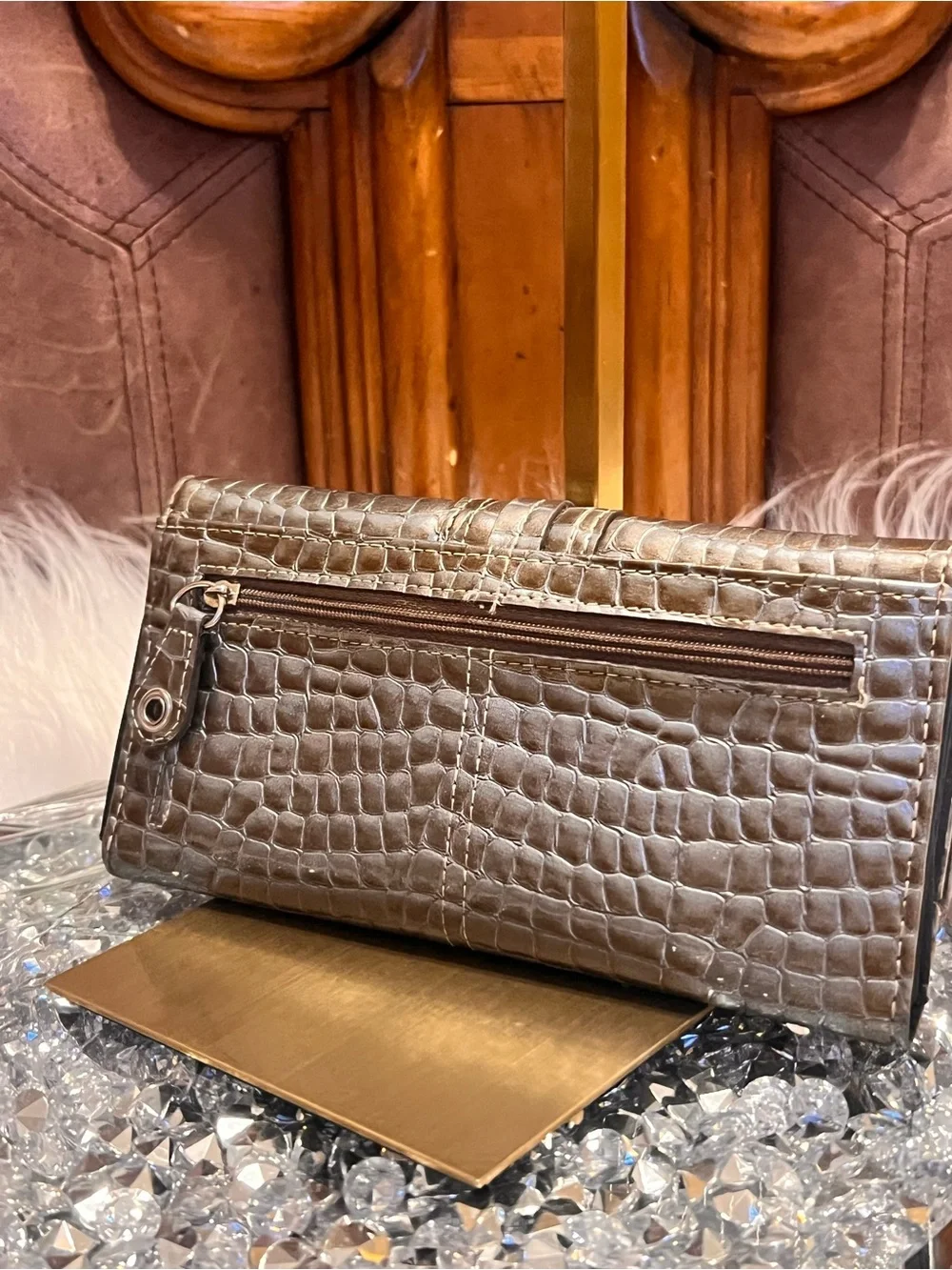 Kathy Van Zeeland Y2k Metallic Croc-Embossed Gray Wallet Clutch with Crest